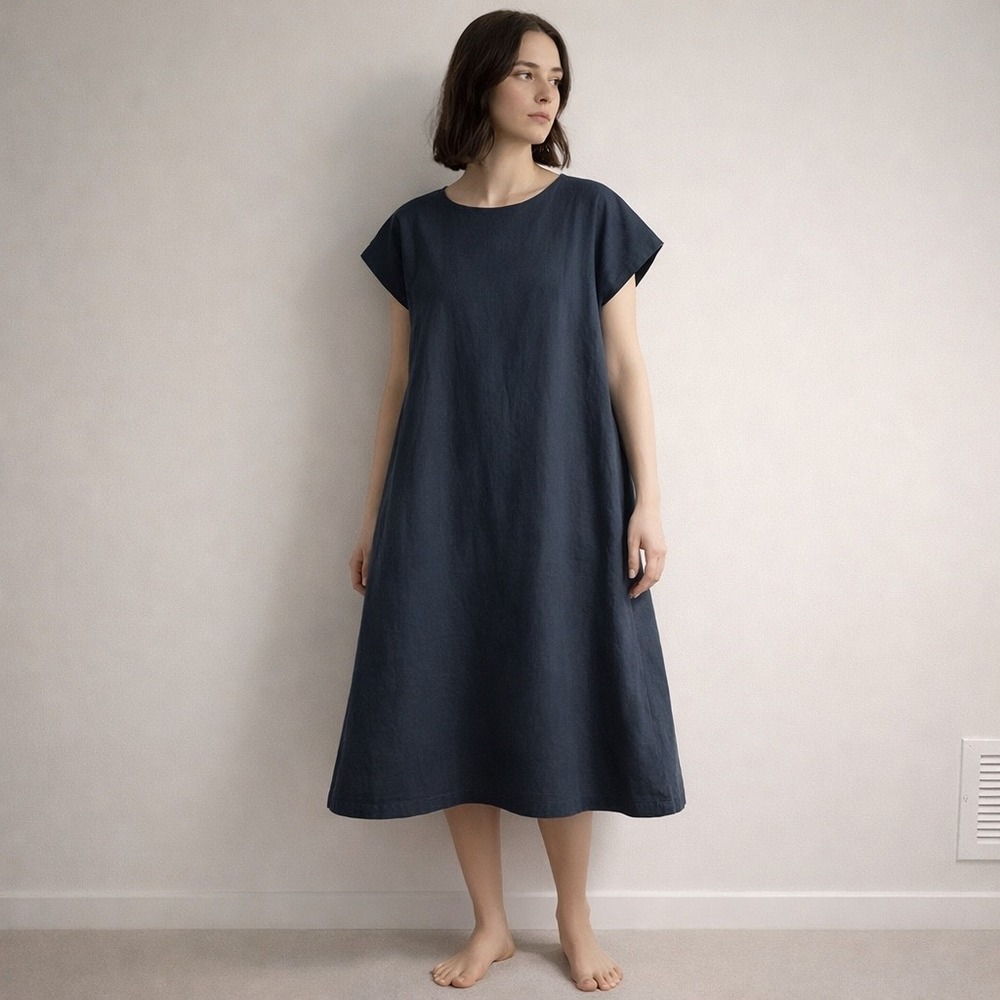 Ricorrrobe Midi Dress Women XS Navy Blue Herringbone Cotton Lagenlook Handmade